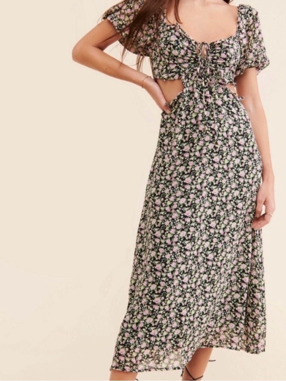 Astr Black Floral Cutout Ruched Dress with Pink Flowers - Picture 5 of 6